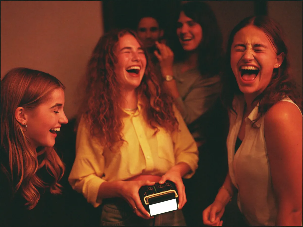 Friends laughing together around a speaker at a party